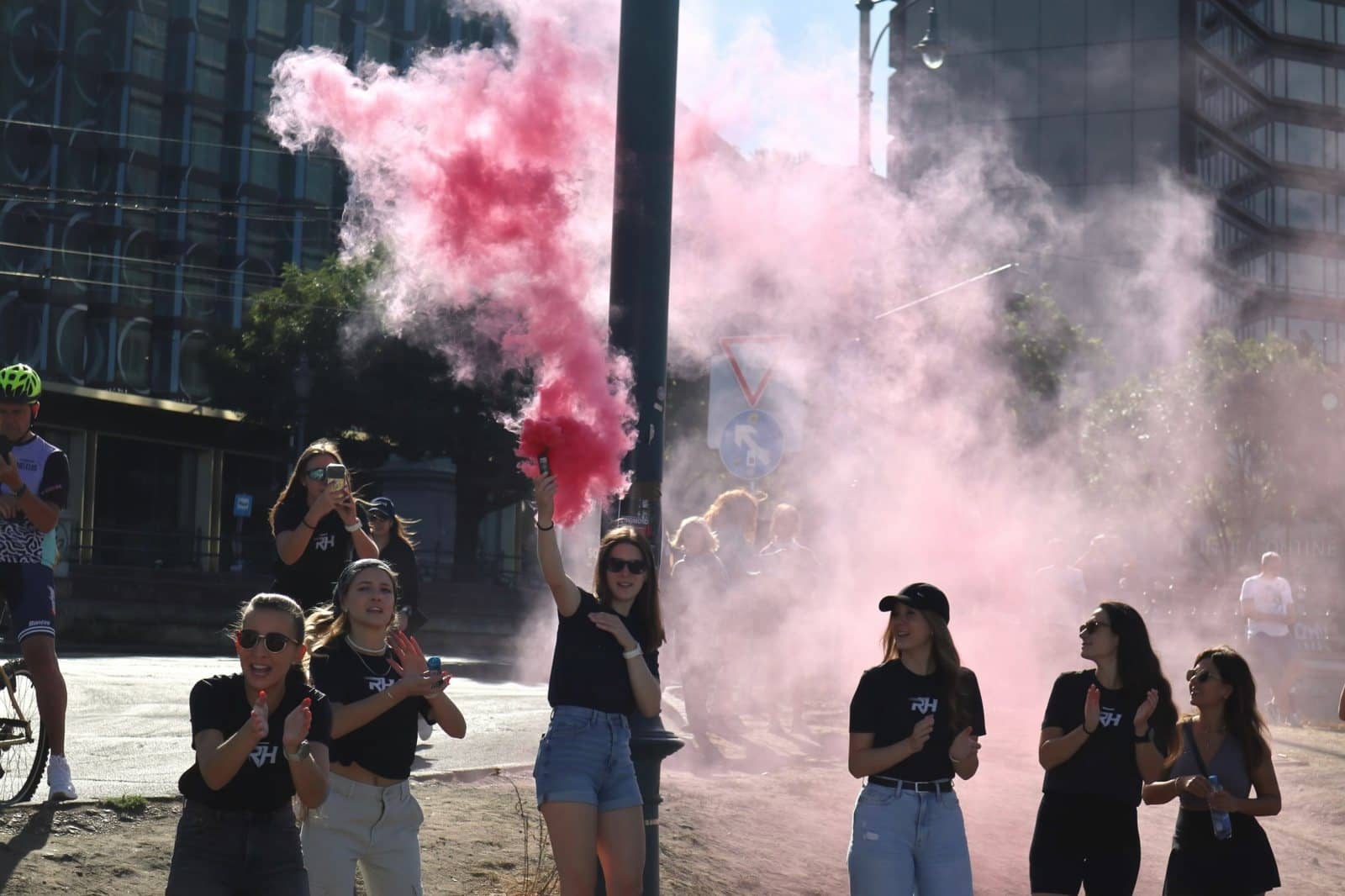 Pink smoke and cheering at the RH Cheerzone